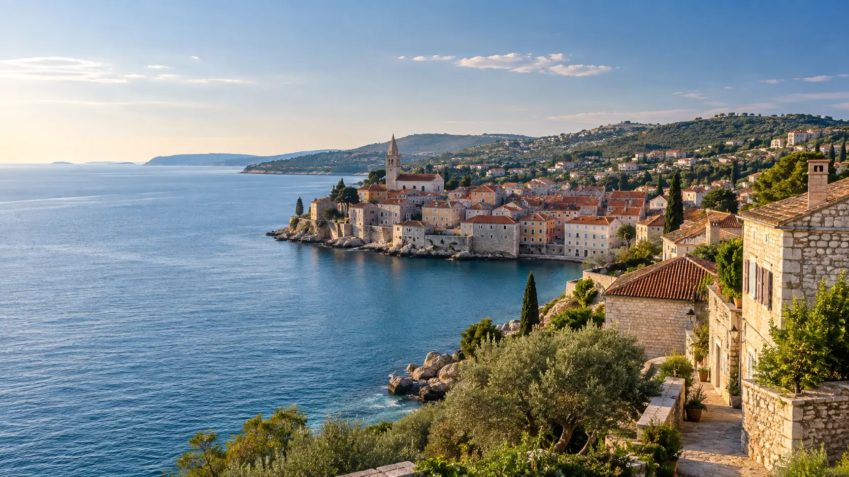 A coastal Istrian town between the Adriatic Sea and green hills