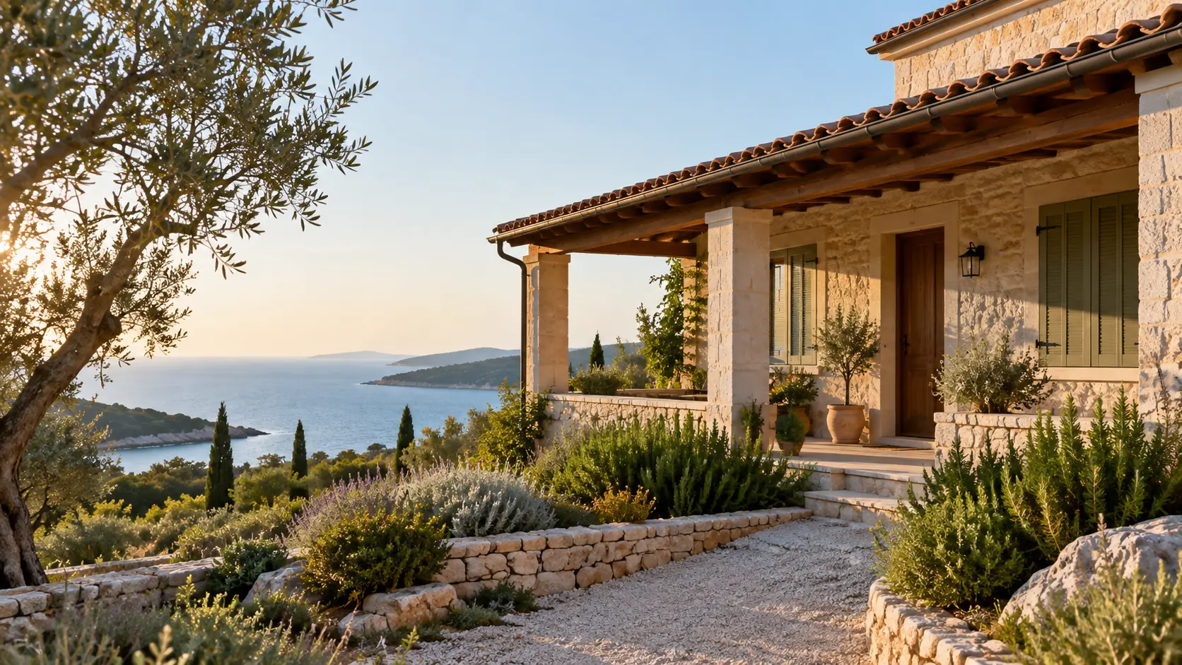 Illustrative Mediterranean stone house with a sheltered terrace, shutters and low-maintenance planting