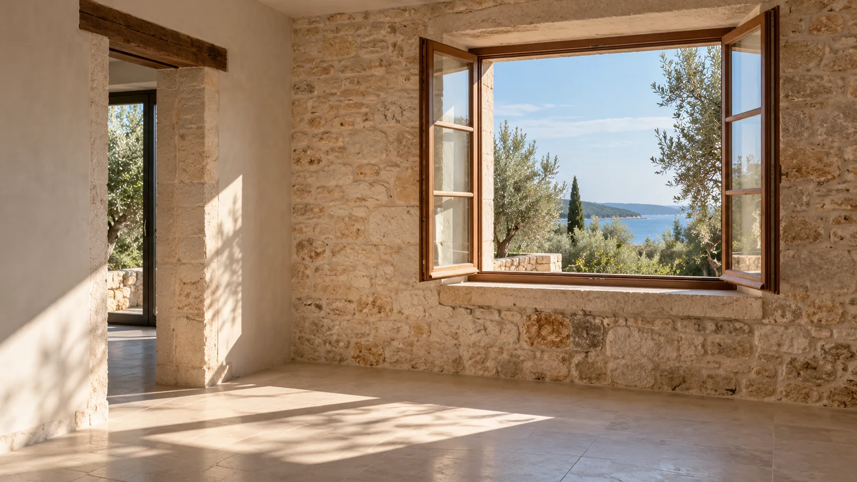 Illustrative interior of a stone house with an open window and a view towards the Adriatic