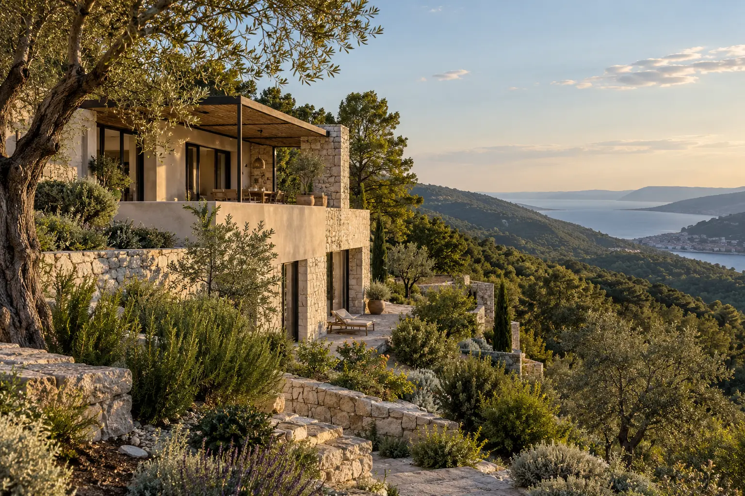 Editorial visualization of a contemporary Mediterranean residence on a wooded hillside toward Rabac