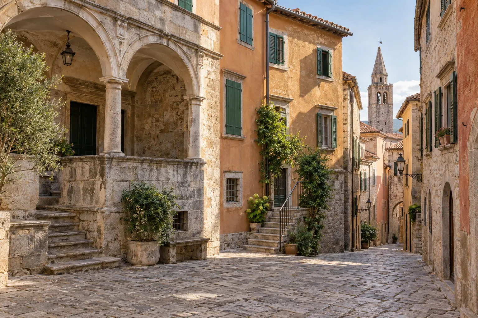 Editorial visualization of a historic stone square and lane in Labin Old Town