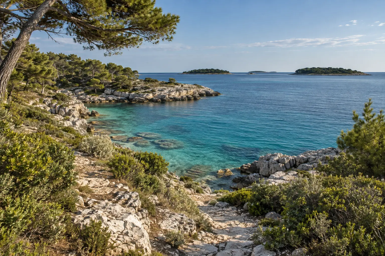Editorial visualization of Medulin's rocky coastline, pine trees and clear Adriatic water