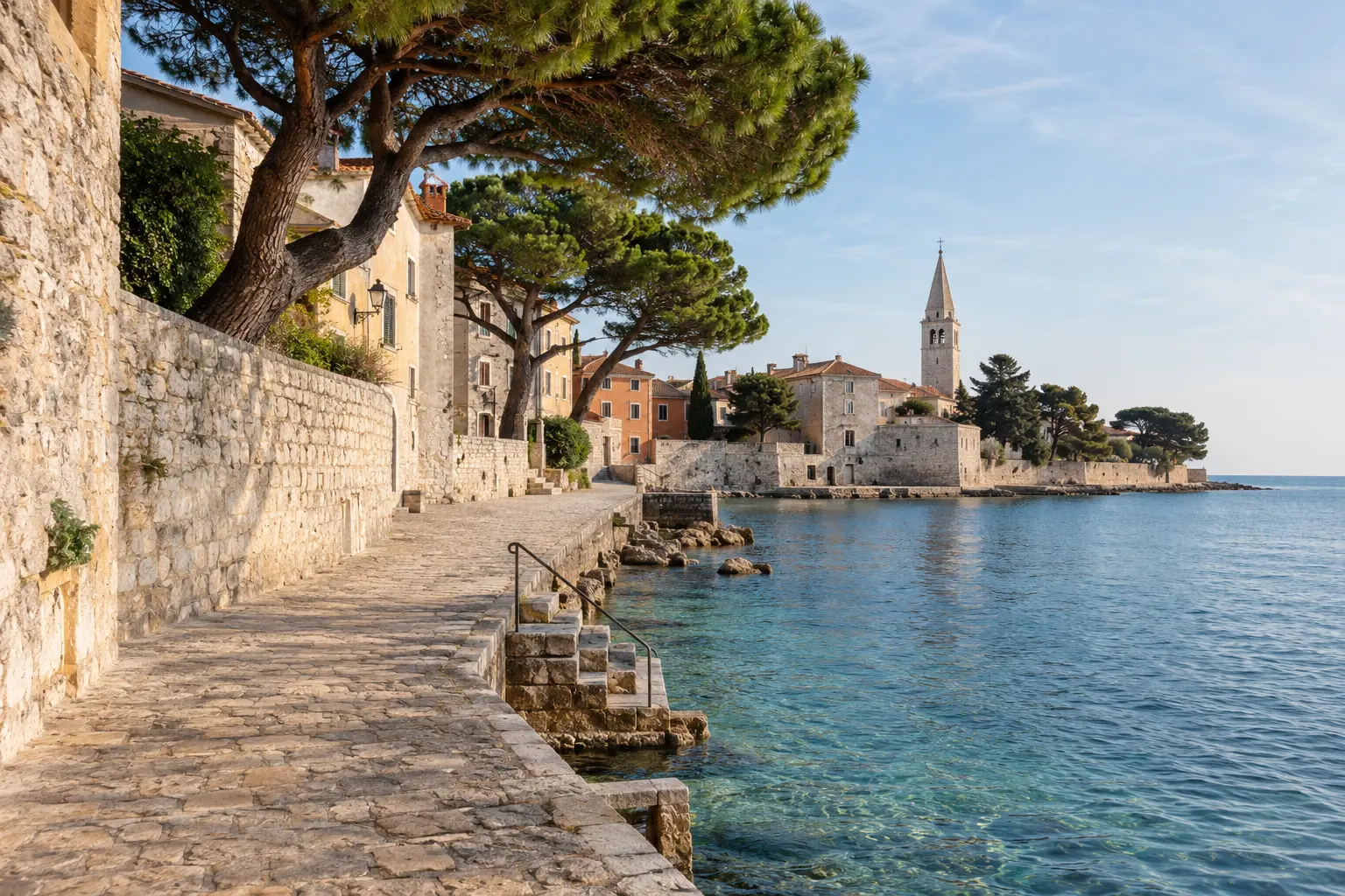 Editorial visualization of Novigrad's historic seawall and waterfront promenade
