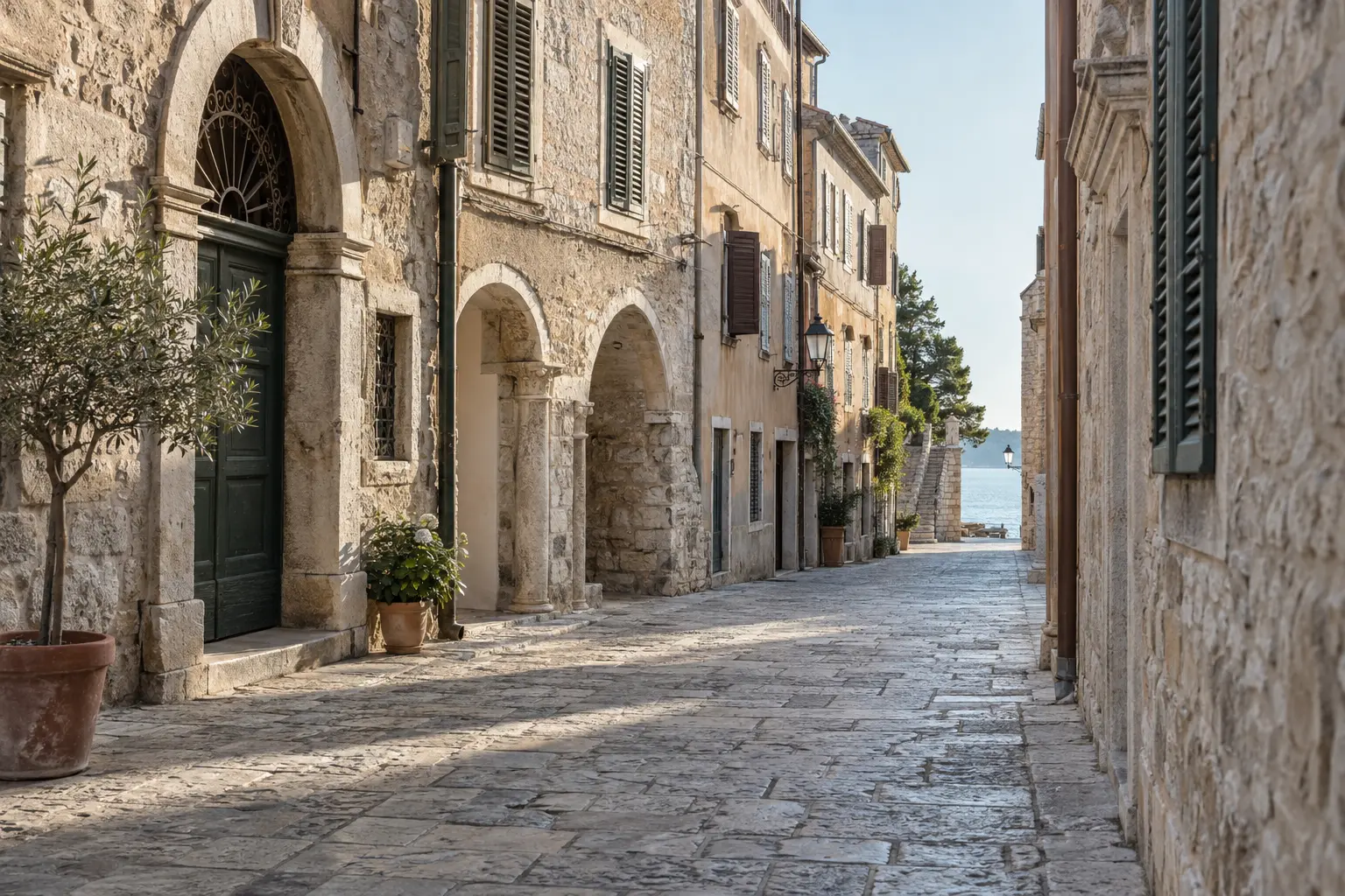Editorial visualization of a limestone street in Poreč's historic centre
