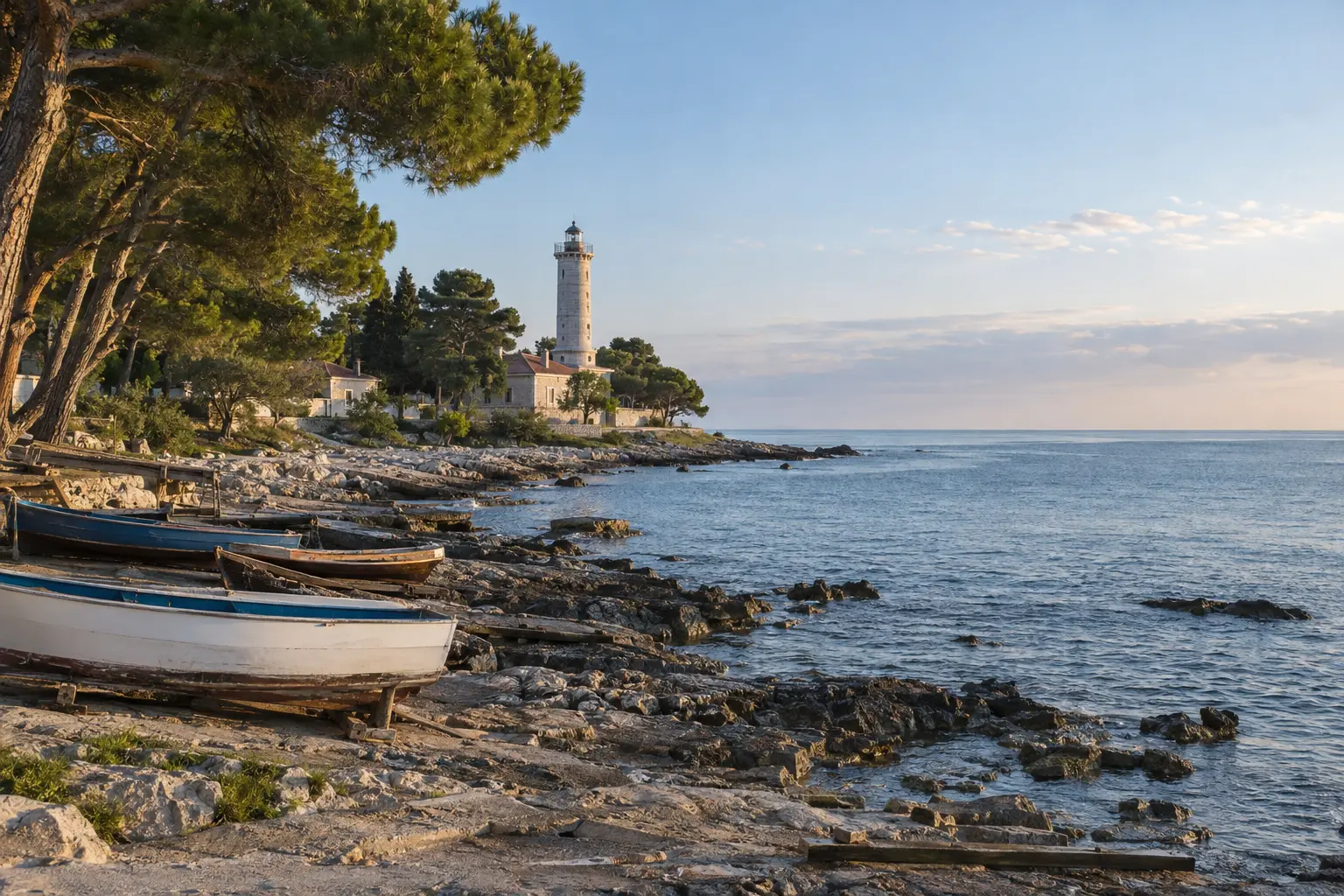Editorial visualization of Savudrija's lighthouse, rocky coast and traditional fishing boats