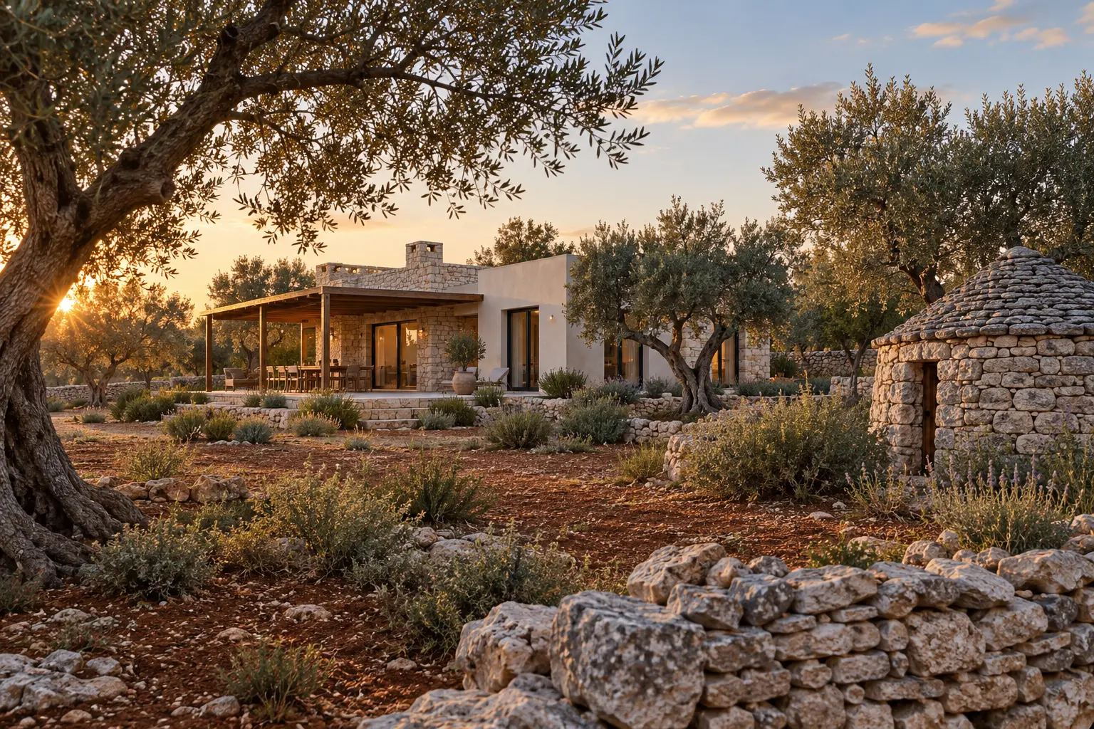 Editorial visualization of a contemporary Istrian home among Vodnjan olive groves and a kažun